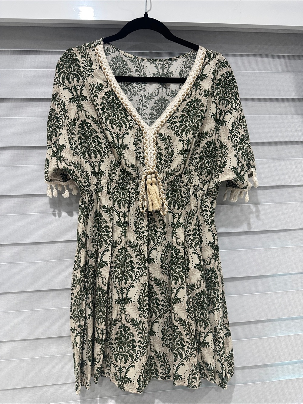 Cupshe Cream Dress with Green Botanical Print and Tassel Trim